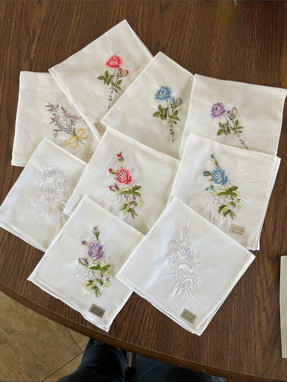 Embroidered Floral 100% cotton handkerchief- White with Pink, Blue, Purple Roses